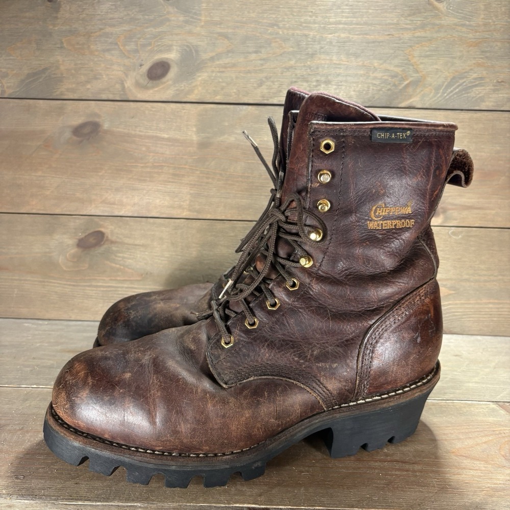 chippewa mens size 10.5 extra wide shoes brown leather steel toe logging boots